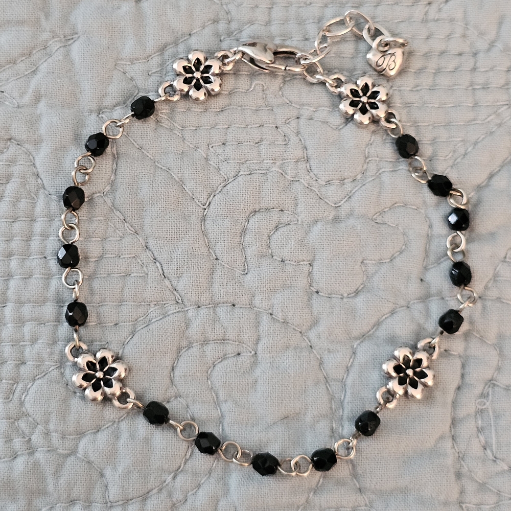Brighton Silver Flowers and Black Beads Anklet Retired